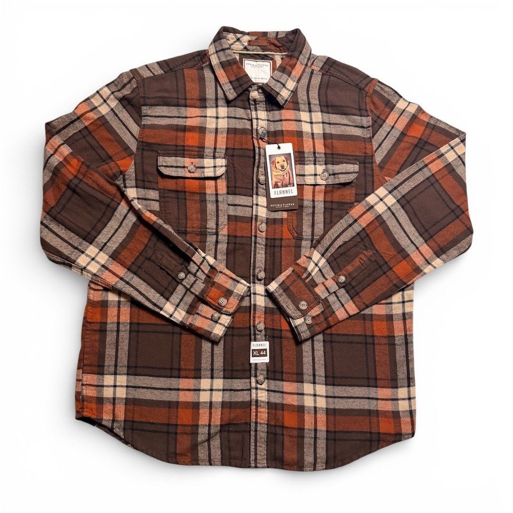 BNWT Denim‎ & Flower Ricky Singh Plaid Flannel Shirt Brown Orange XL
